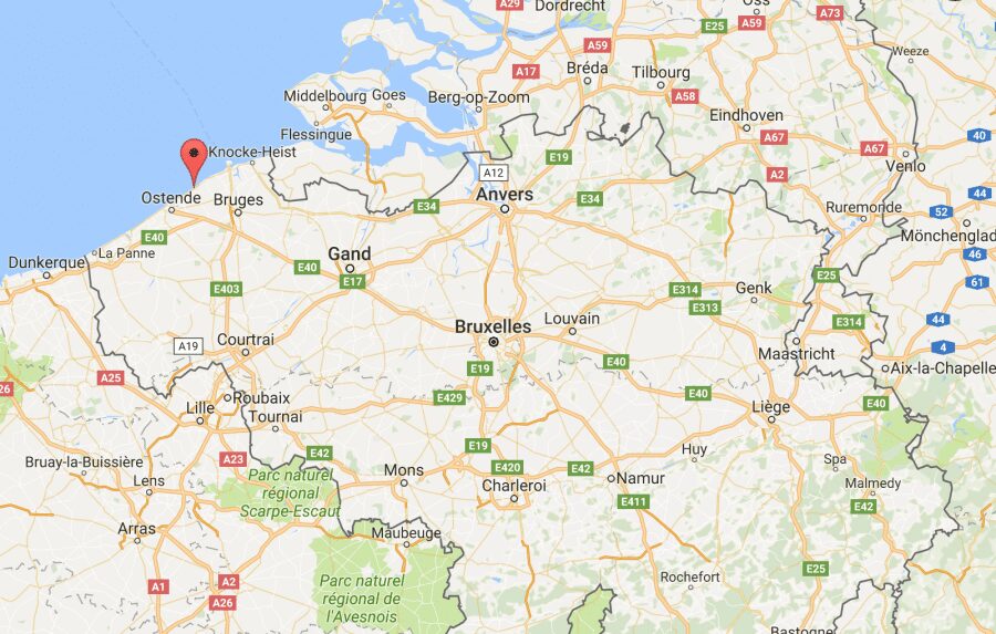 Carte google map avec un point rouge montrant la ville de Dehaan