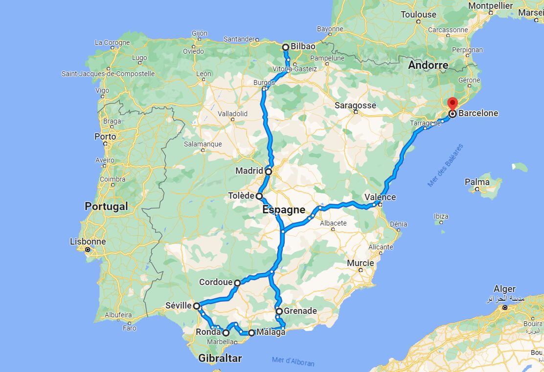 Road-trip en Espagne - Itinéraire réalisé